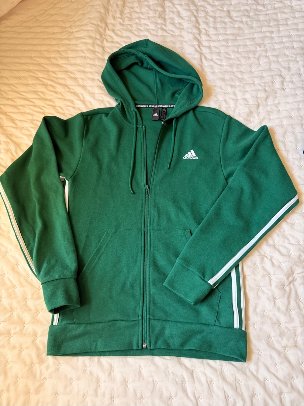 adidas Green Zip-Up Hooded Jacket with White Stripe Accents